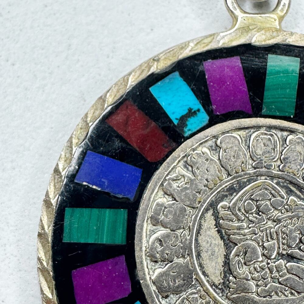 Vintage Mexico Silver Tone Reversible Mayan Calendar Inlay Pendant ✨ - Picture 11 of 13
